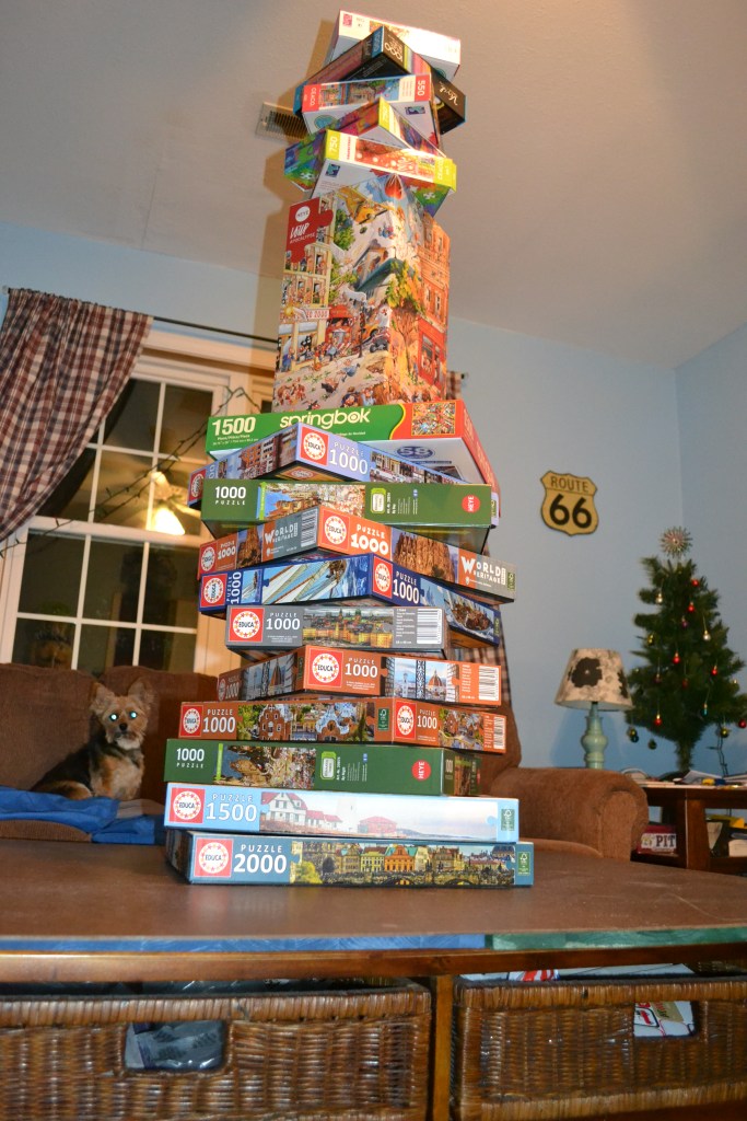 stack of puzzle boxes